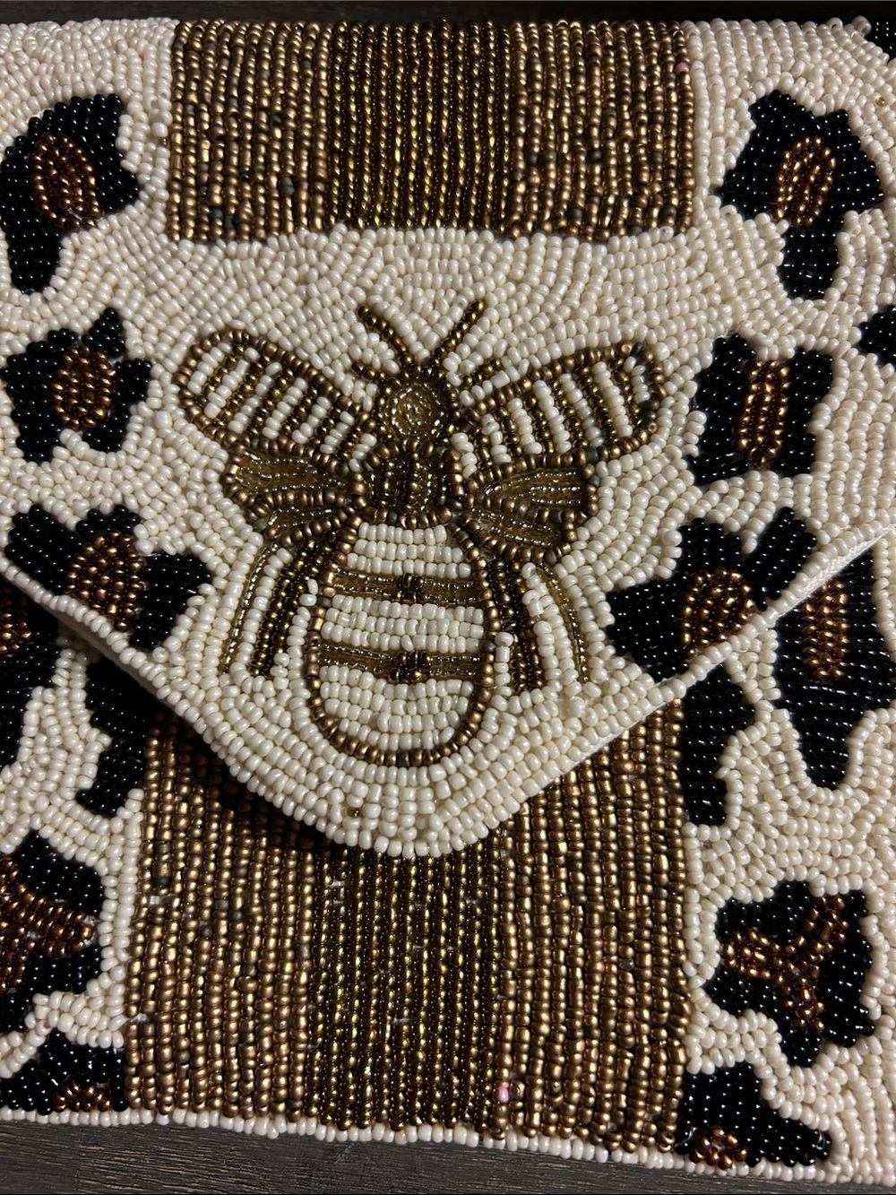 White Leopard Queen Bee Beaded Envelope Clutch features a distinct golden bee - Picture 2 of 5